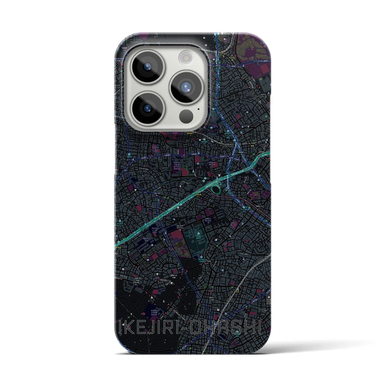 【池尻大橋】地図柄iPhoneケース（バックカバータイプ・ブラック）iPhone 15 Pro 用