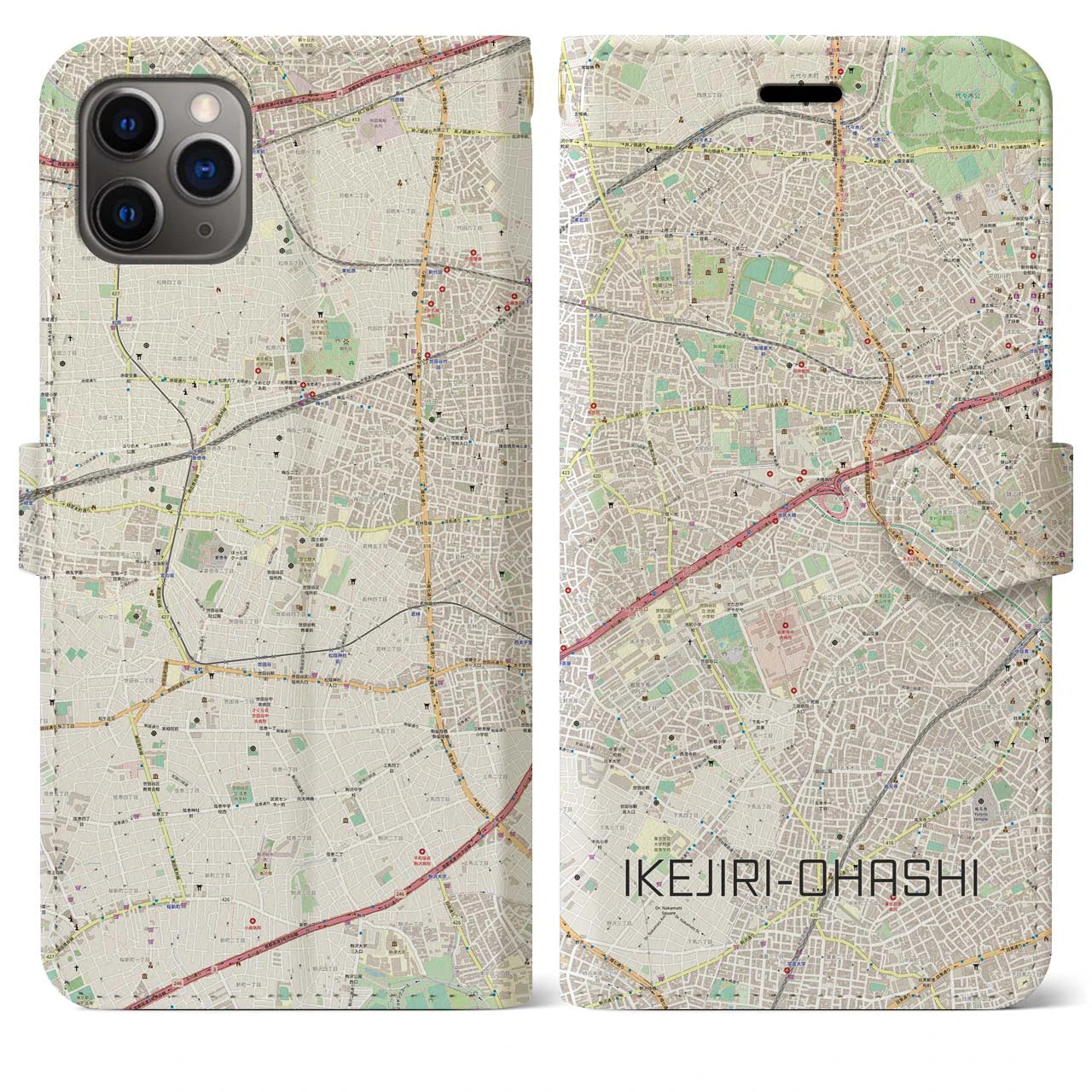 【池尻大橋】地図柄iPhoneケース（手帳両面タイプ・ナチュラル）iPhone 11 Pro Max 用