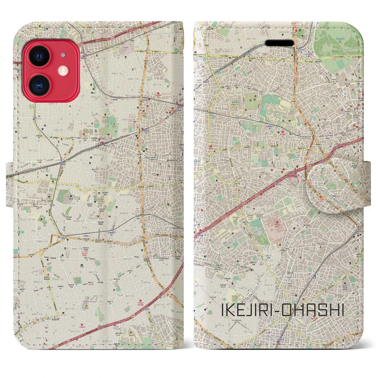 【池尻大橋】地図柄iPhoneケース（手帳両面タイプ・ナチュラル）iPhone 11 用