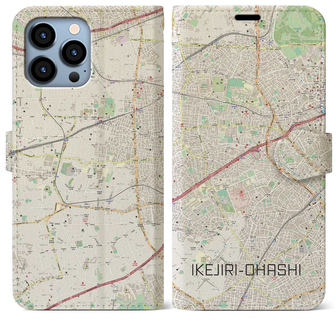 【池尻大橋】地図柄iPhoneケース（手帳両面タイプ・ナチュラル）iPhone 13 Pro Max 用