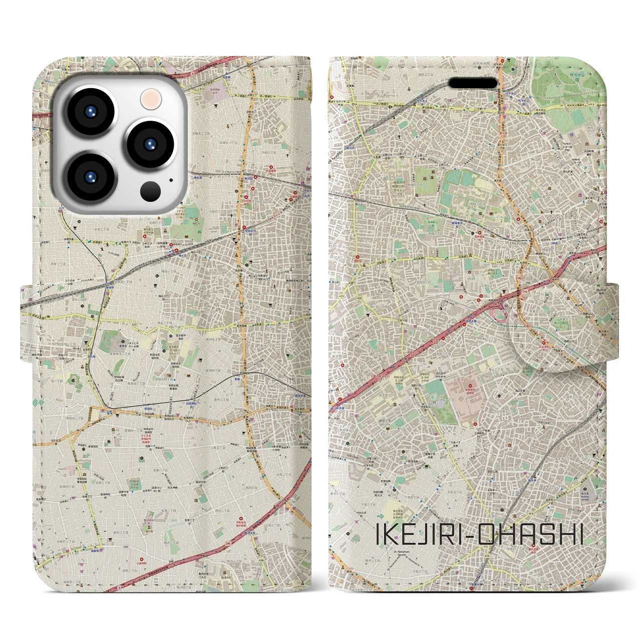 【池尻大橋】地図柄iPhoneケース（手帳両面タイプ・ナチュラル）iPhone 13 Pro 用