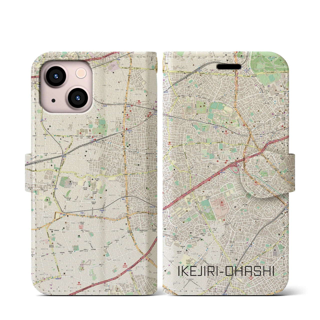 【池尻大橋】地図柄iPhoneケース（手帳両面タイプ・ナチュラル）iPhone 13 mini 用