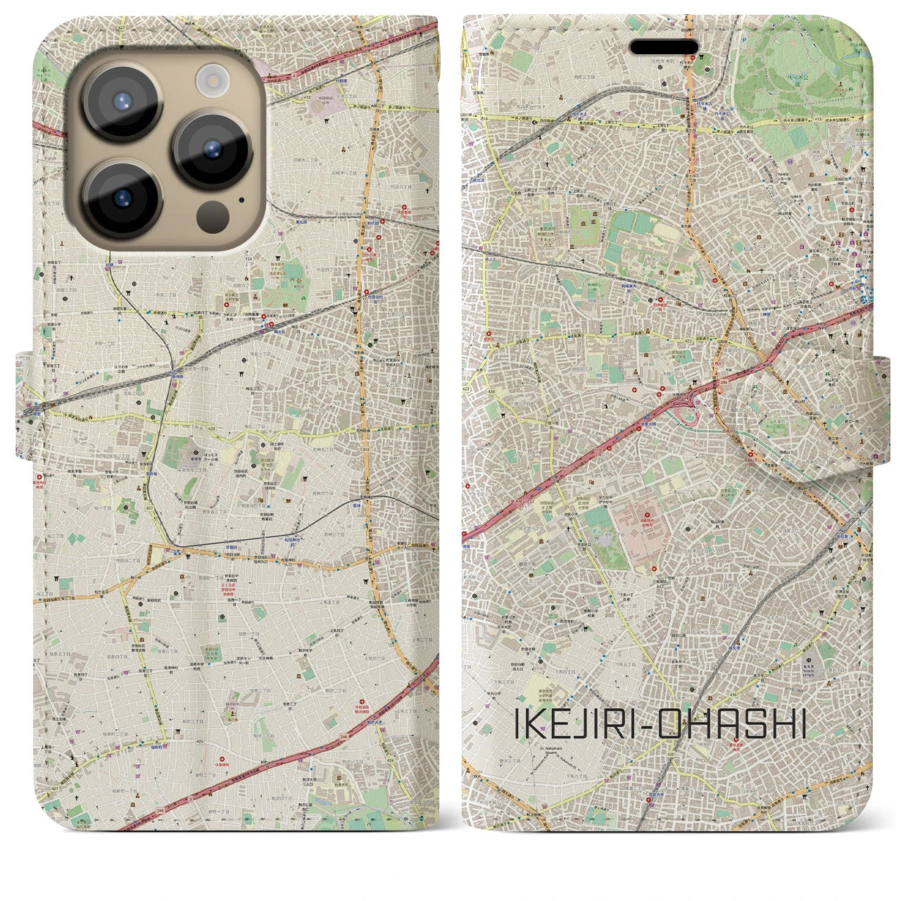【池尻大橋】地図柄iPhoneケース（手帳両面タイプ・ナチュラル）iPhone 14 Pro Max 用