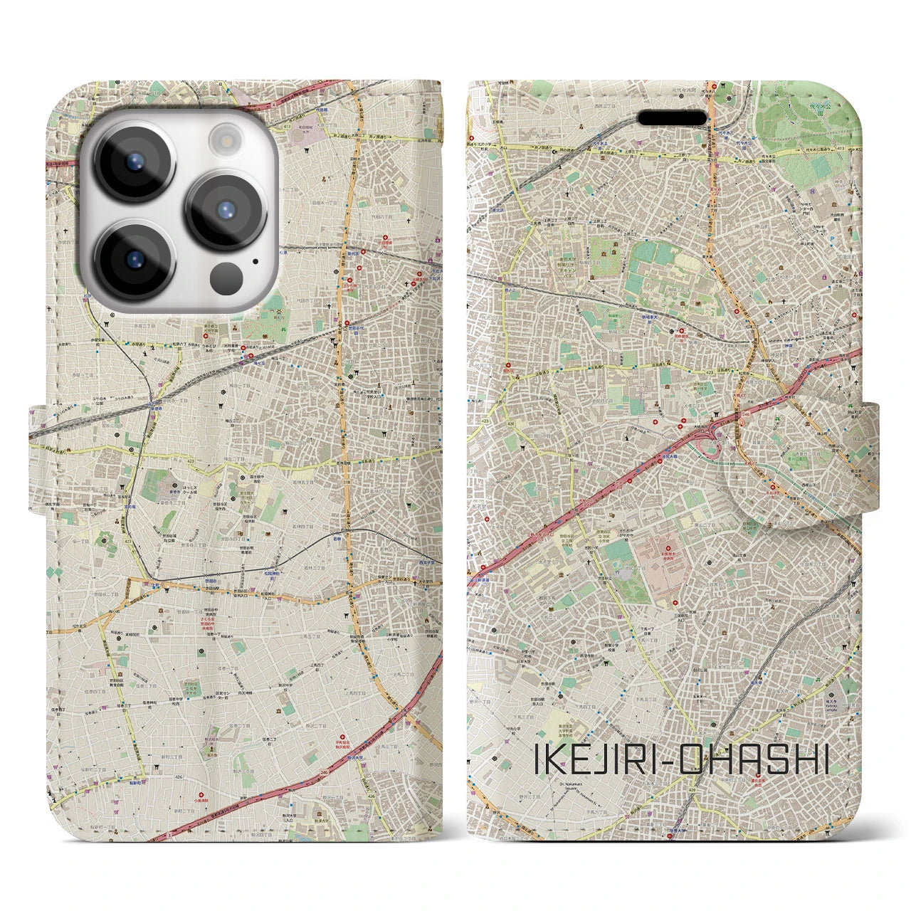 【池尻大橋】地図柄iPhoneケース（手帳両面タイプ・ナチュラル）iPhone 14 Pro 用
