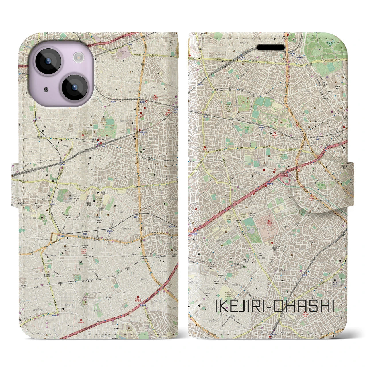 【池尻大橋】地図柄iPhoneケース（手帳両面タイプ・ナチュラル）iPhone 14 用