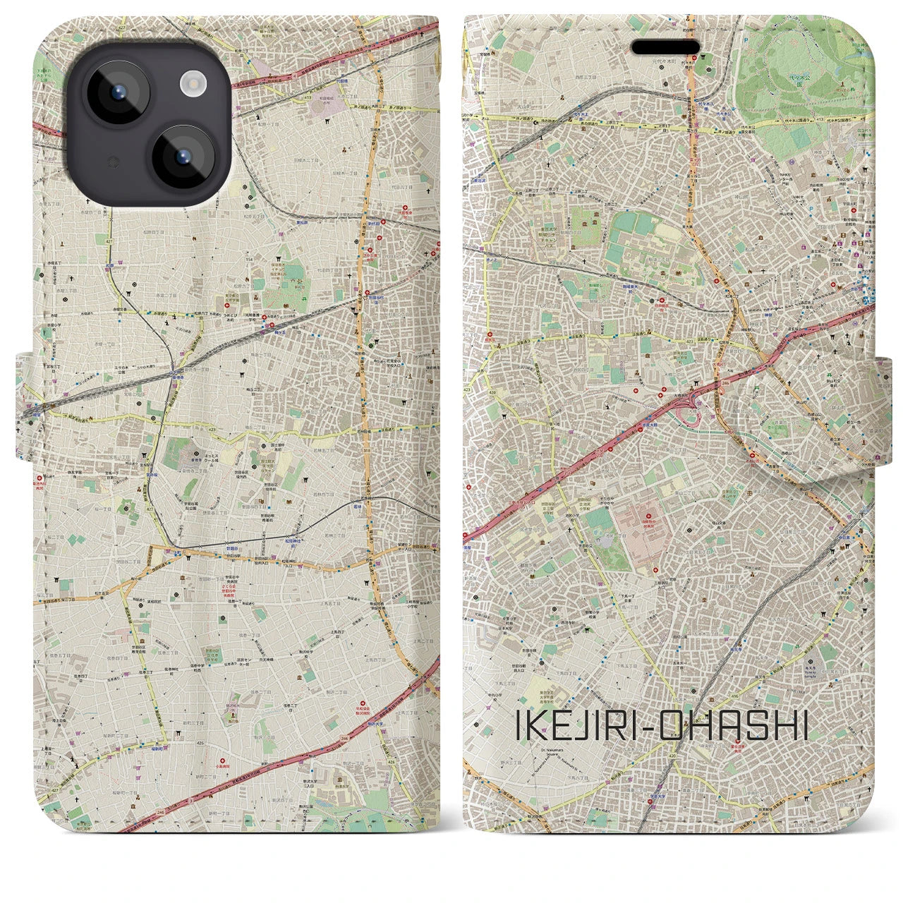 【池尻大橋】地図柄iPhoneケース（手帳両面タイプ・ナチュラル）iPhone 14 Plus 用