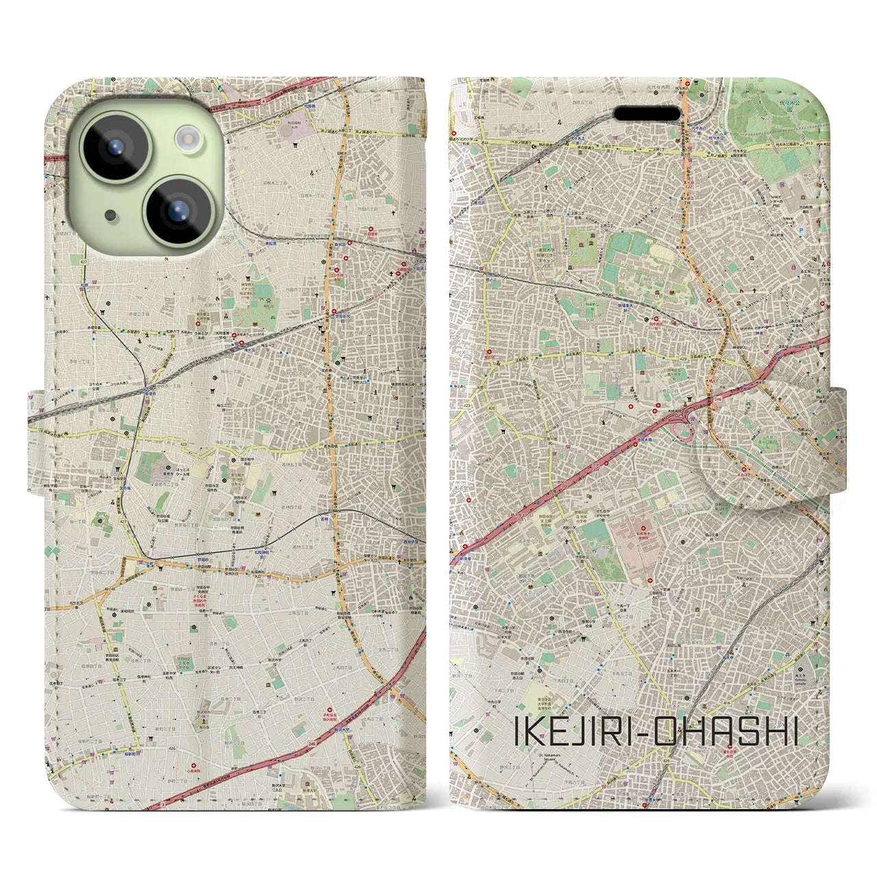【池尻大橋】地図柄iPhoneケース（手帳両面タイプ・ナチュラル）iPhone 15 用