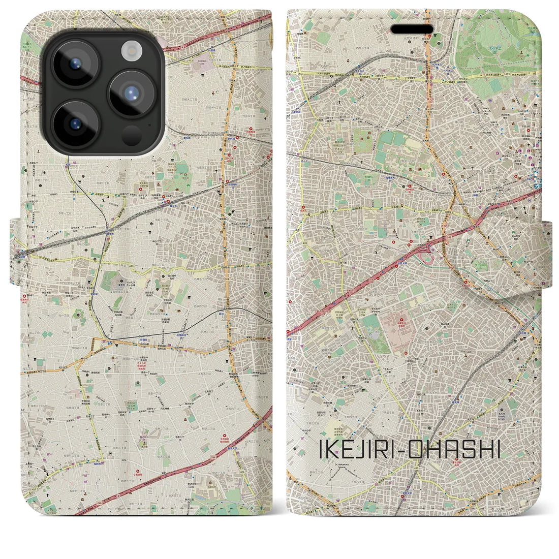 【池尻大橋】地図柄iPhoneケース（手帳両面タイプ・ナチュラル）iPhone 15 Pro Max 用