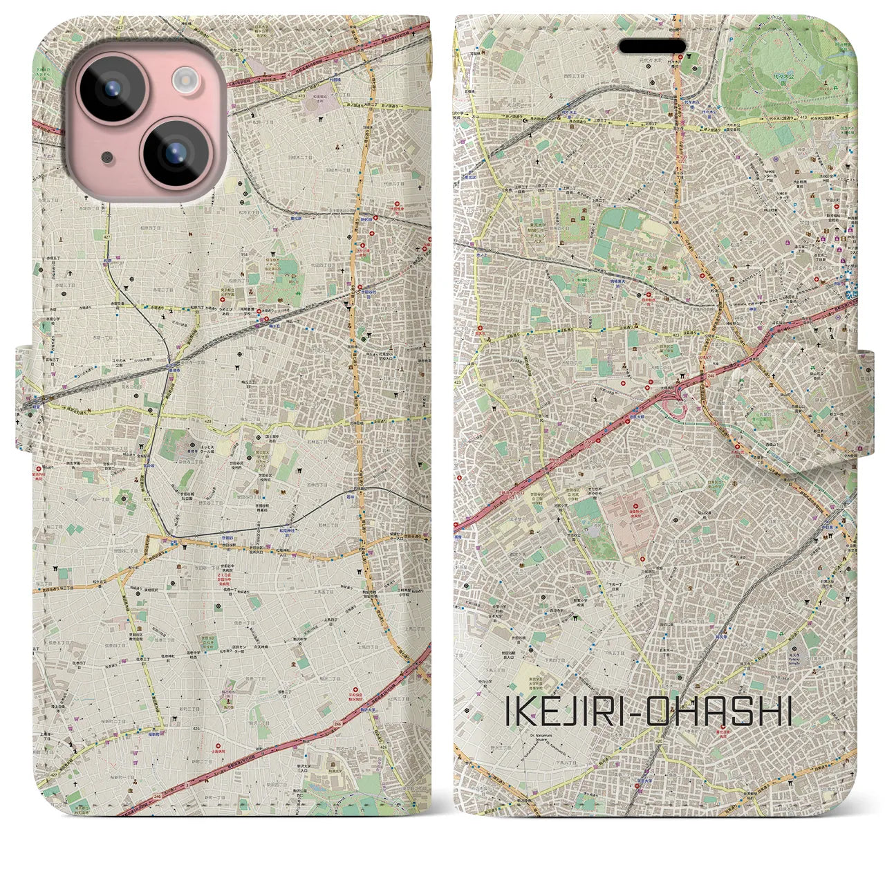 【池尻大橋】地図柄iPhoneケース（手帳両面タイプ・ナチュラル）iPhone 15 Plus 用