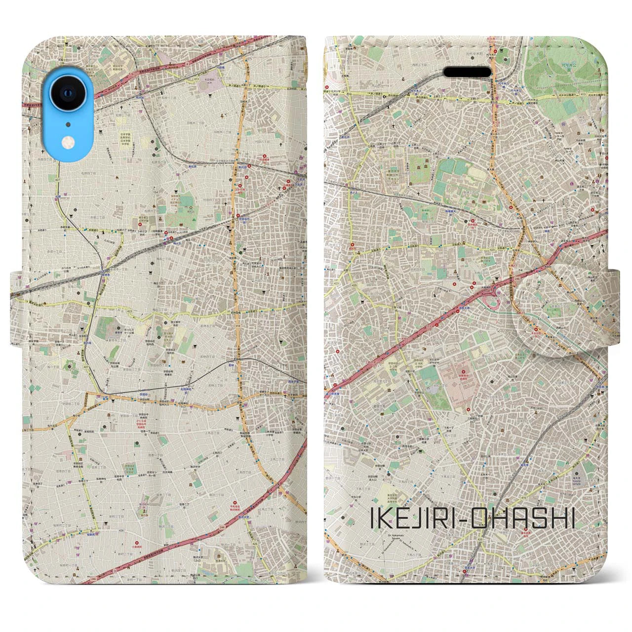 【池尻大橋】地図柄iPhoneケース（手帳両面タイプ・ナチュラル）iPhone XR 用