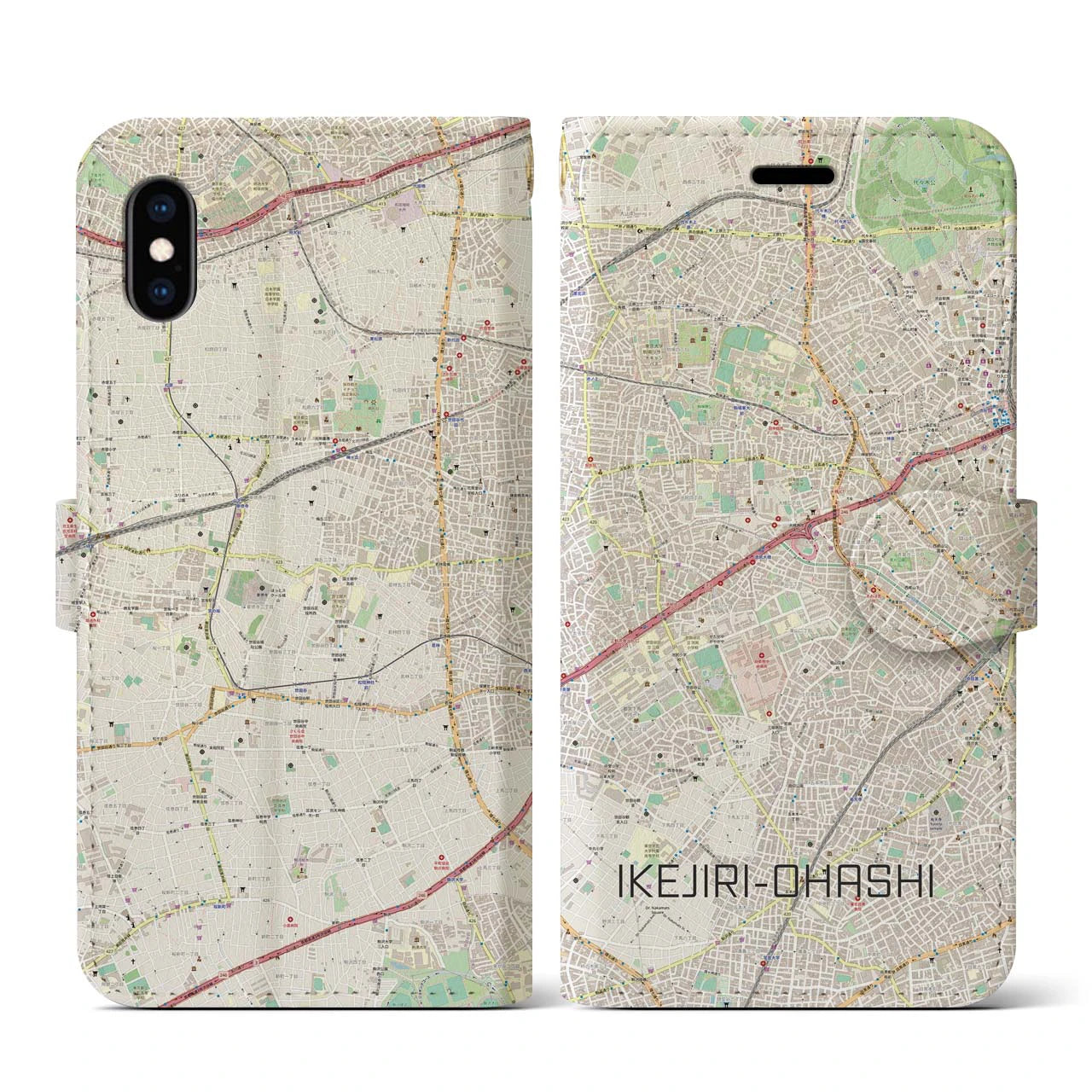 【池尻大橋】地図柄iPhoneケース（手帳両面タイプ・ナチュラル）iPhone XS / X 用