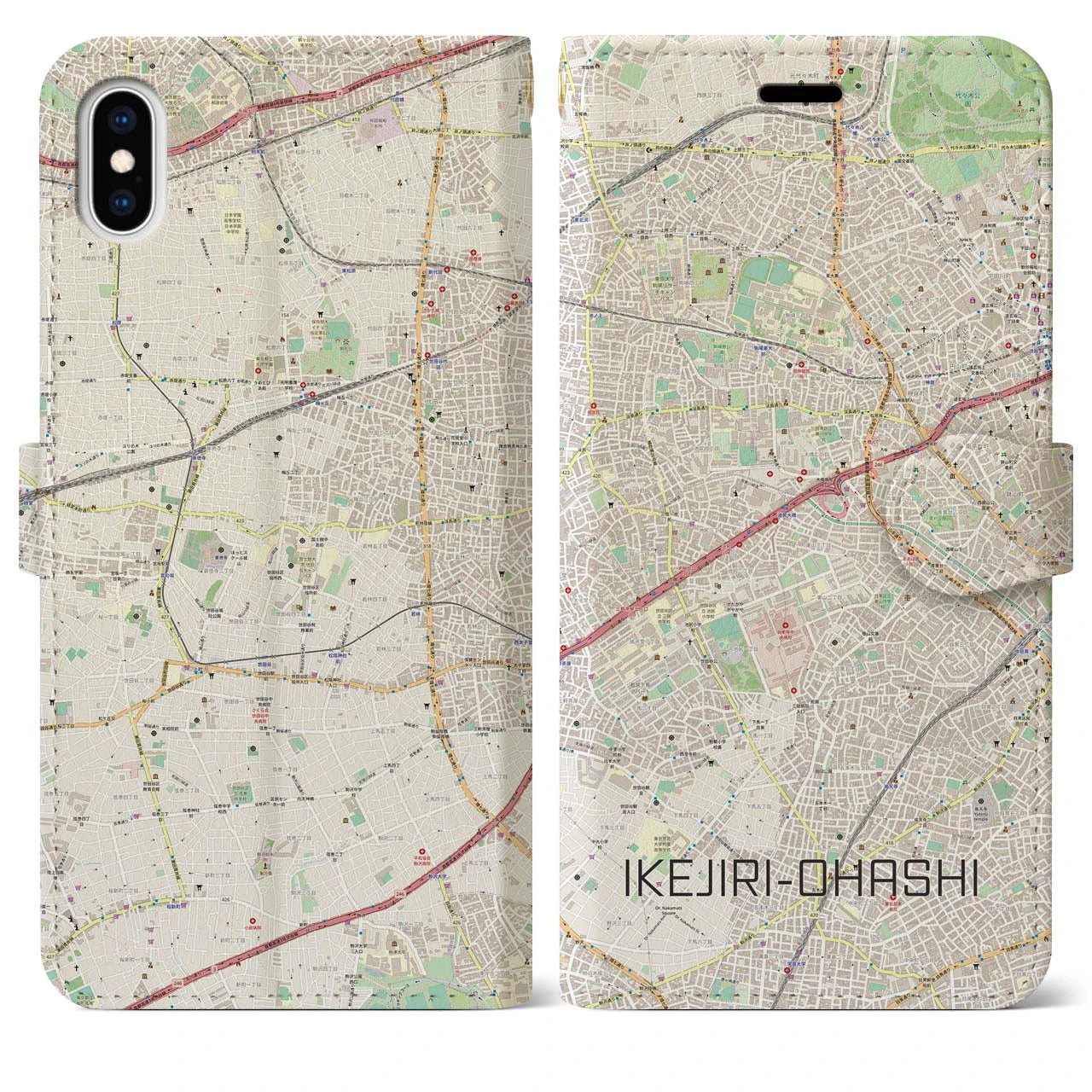 【池尻大橋】地図柄iPhoneケース（手帳両面タイプ・ナチュラル）iPhone XS Max 用