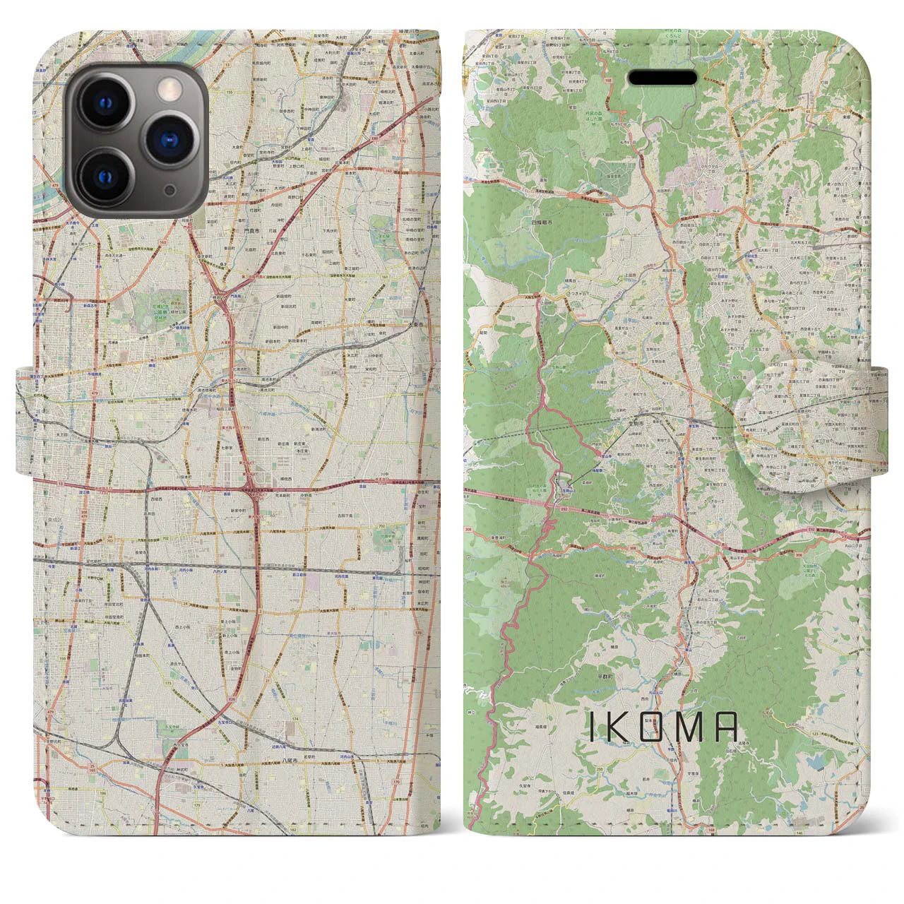 【生駒】地図柄iPhoneケース（手帳両面タイプ・ナチュラル）iPhone 11 Pro Max 用