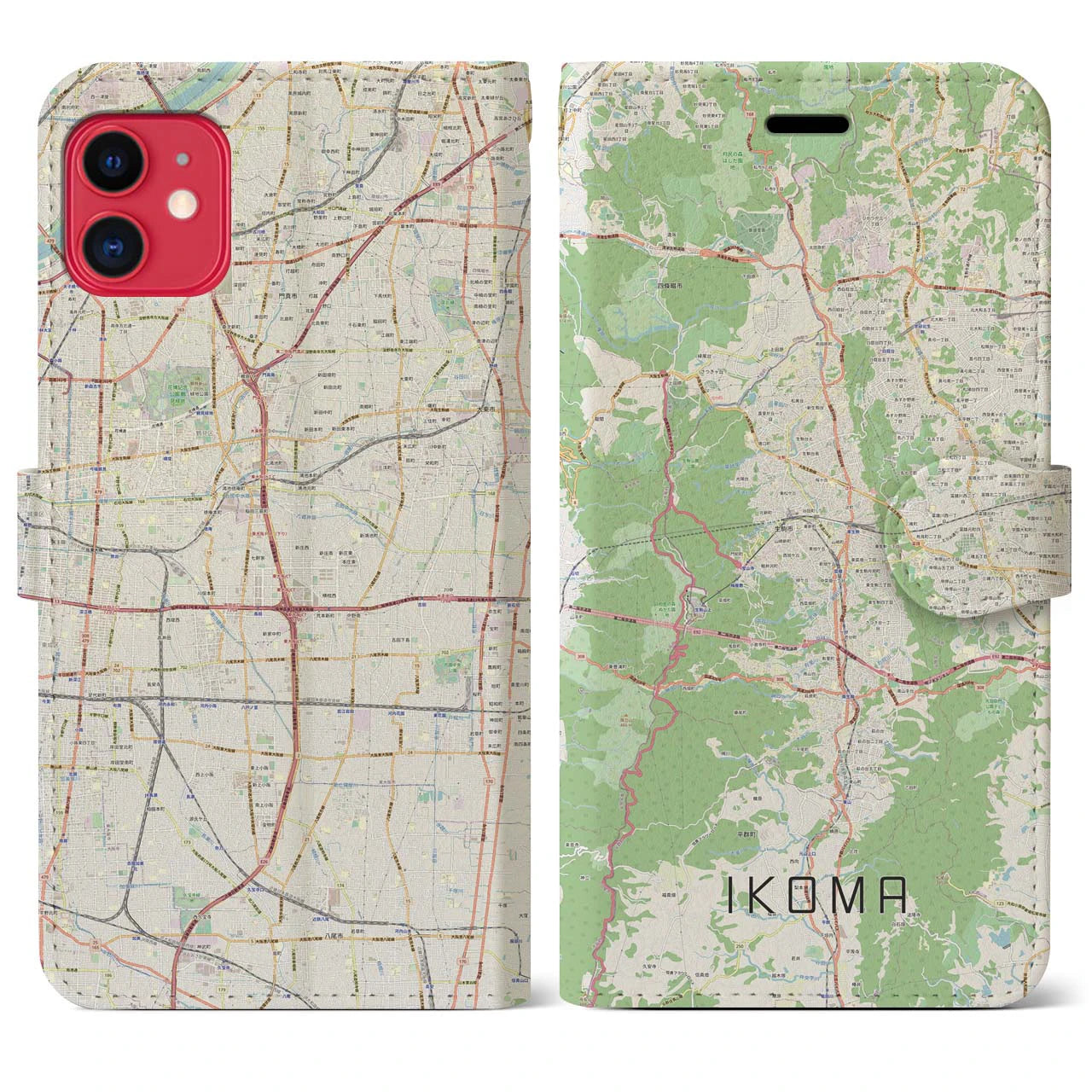 【生駒】地図柄iPhoneケース（手帳両面タイプ・ナチュラル）iPhone 11 用