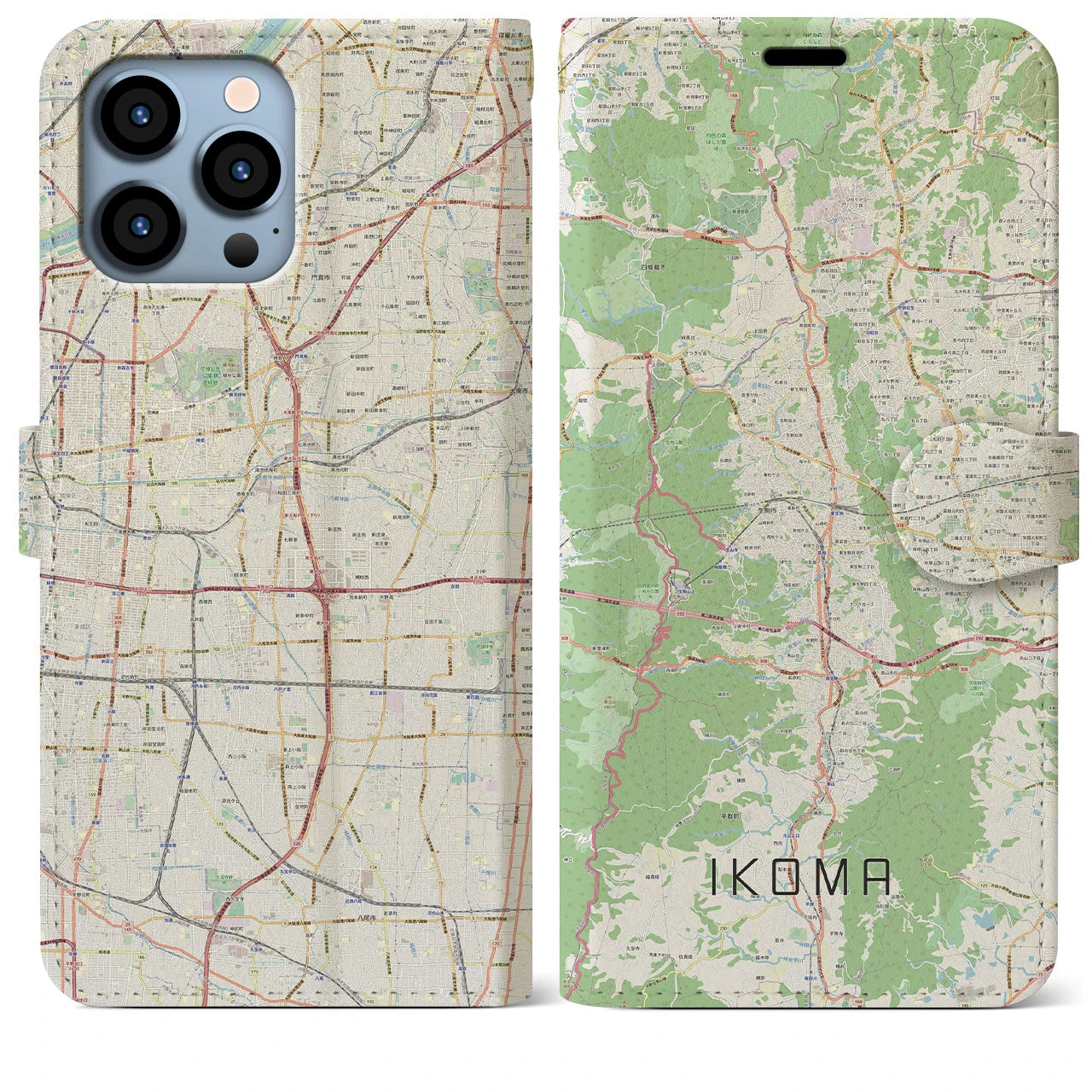 【生駒】地図柄iPhoneケース（手帳両面タイプ・ナチュラル）iPhone 13 Pro Max 用