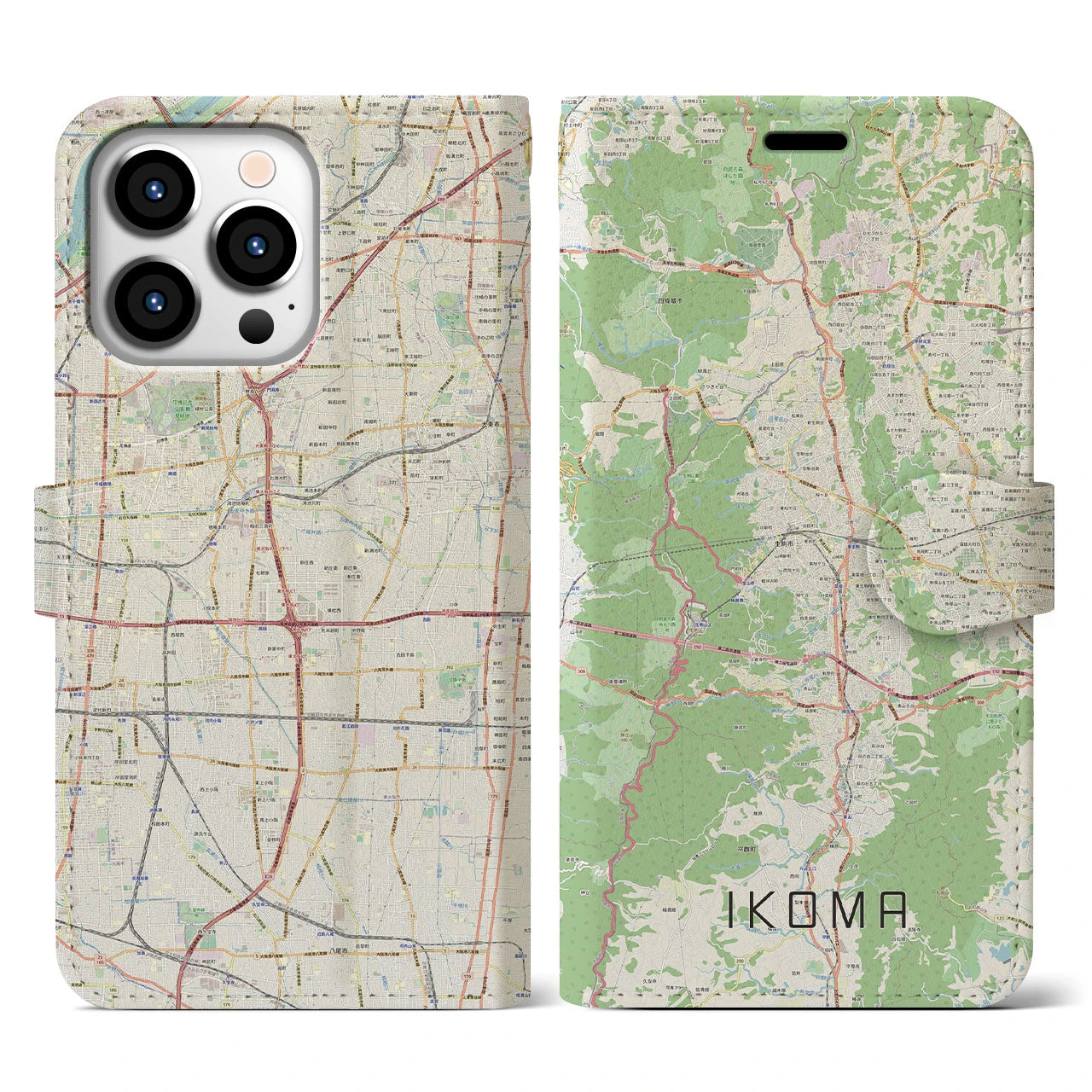 【生駒】地図柄iPhoneケース（手帳両面タイプ・ナチュラル）iPhone 13 Pro 用