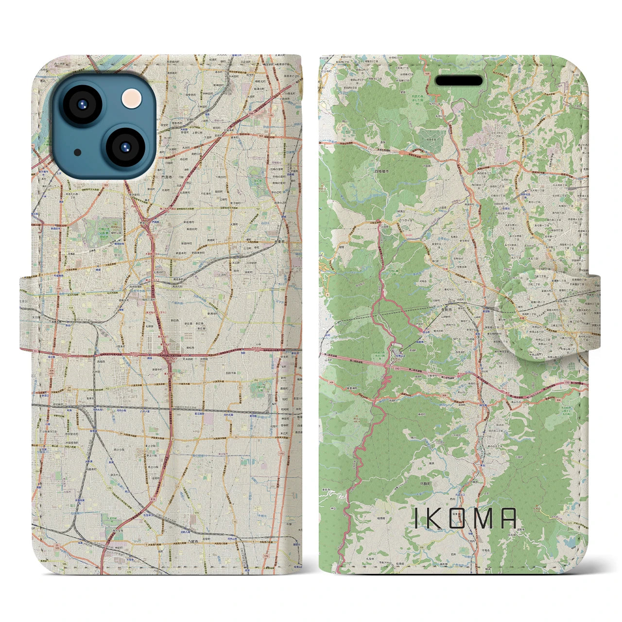 【生駒】地図柄iPhoneケース（手帳両面タイプ・ナチュラル）iPhone 13 用