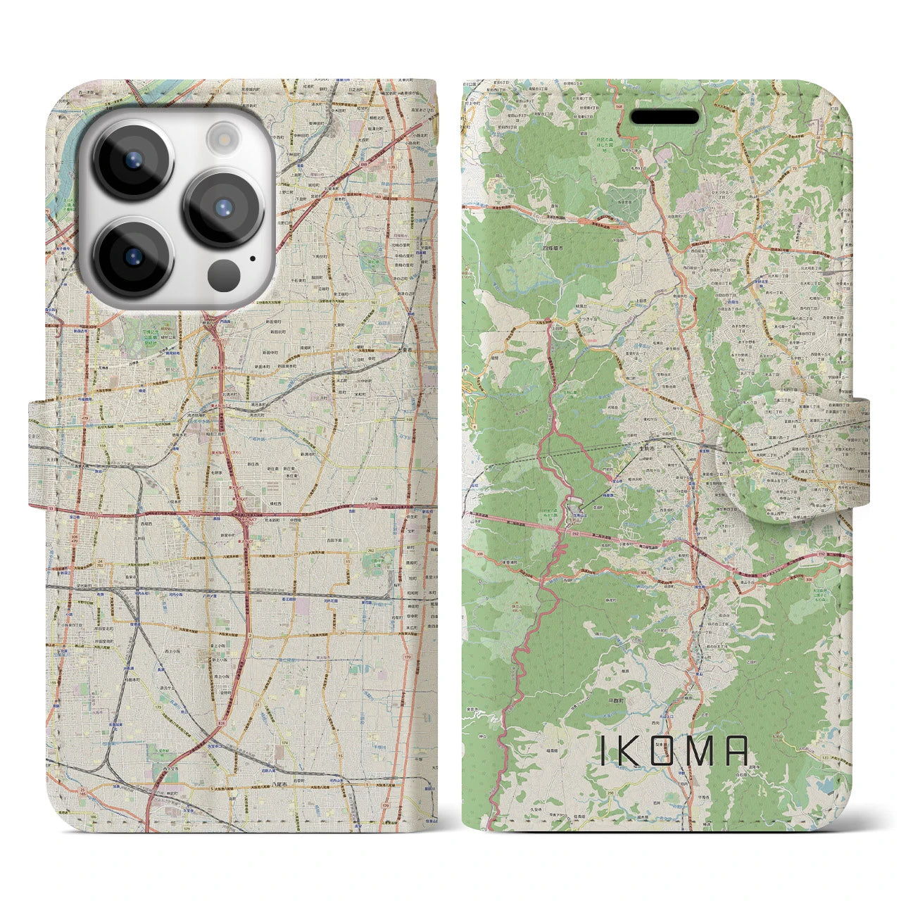 【生駒】地図柄iPhoneケース（手帳両面タイプ・ナチュラル）iPhone 14 Pro 用