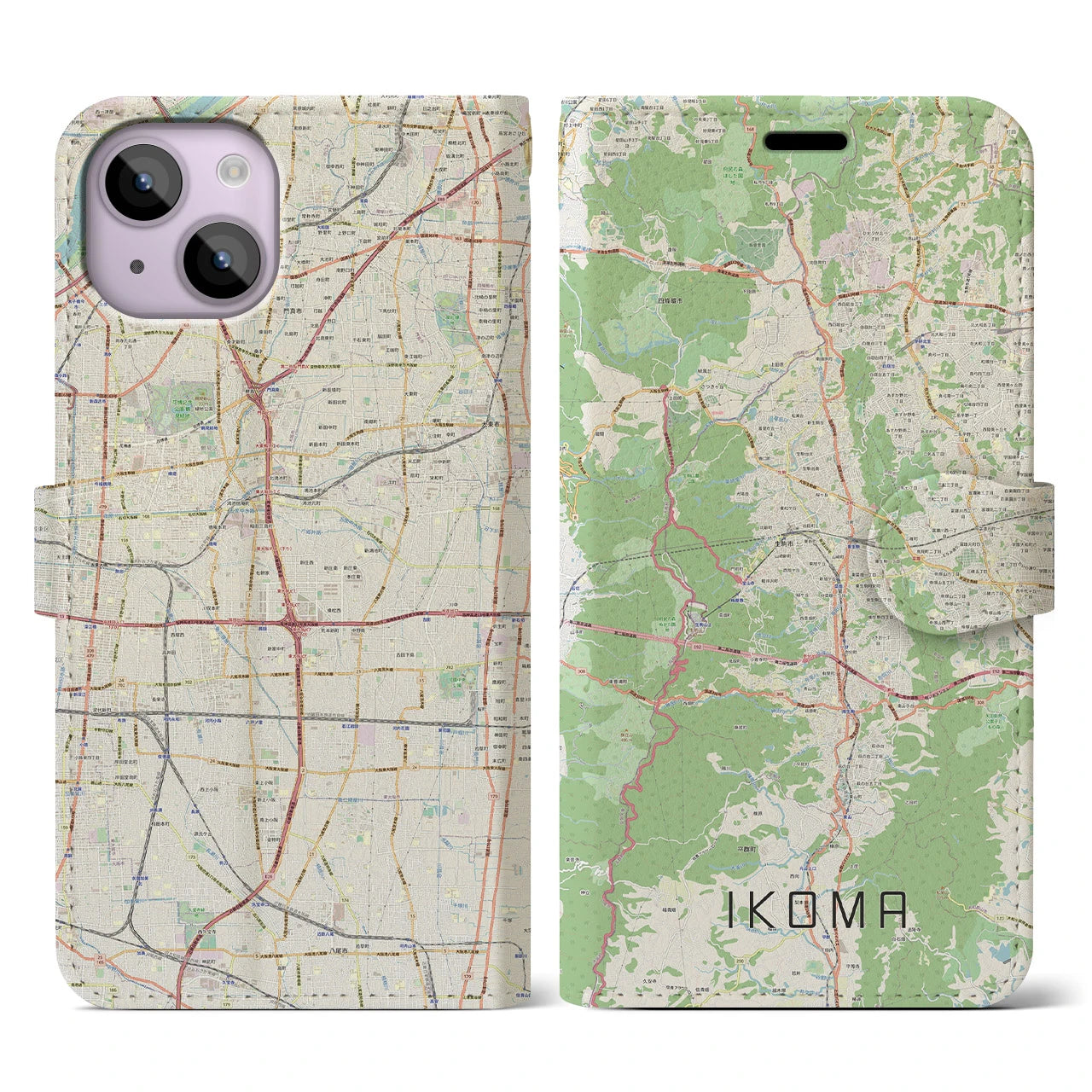 【生駒】地図柄iPhoneケース（手帳両面タイプ・ナチュラル）iPhone 14 用