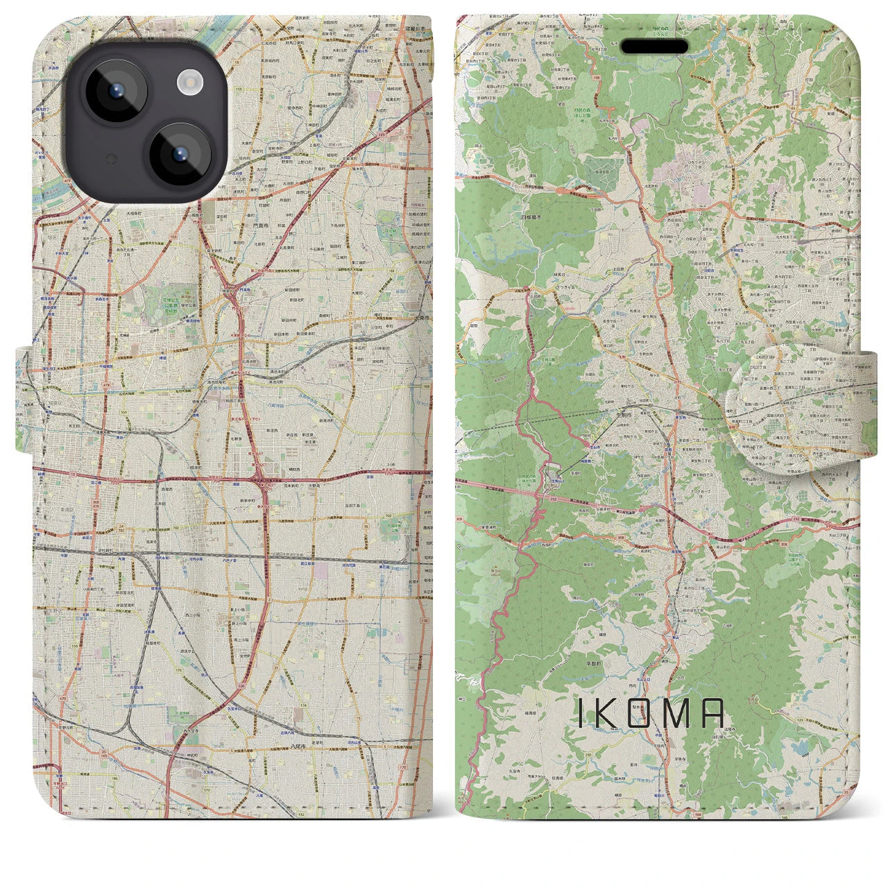 【生駒】地図柄iPhoneケース（手帳両面タイプ・ナチュラル）iPhone 14 Plus 用