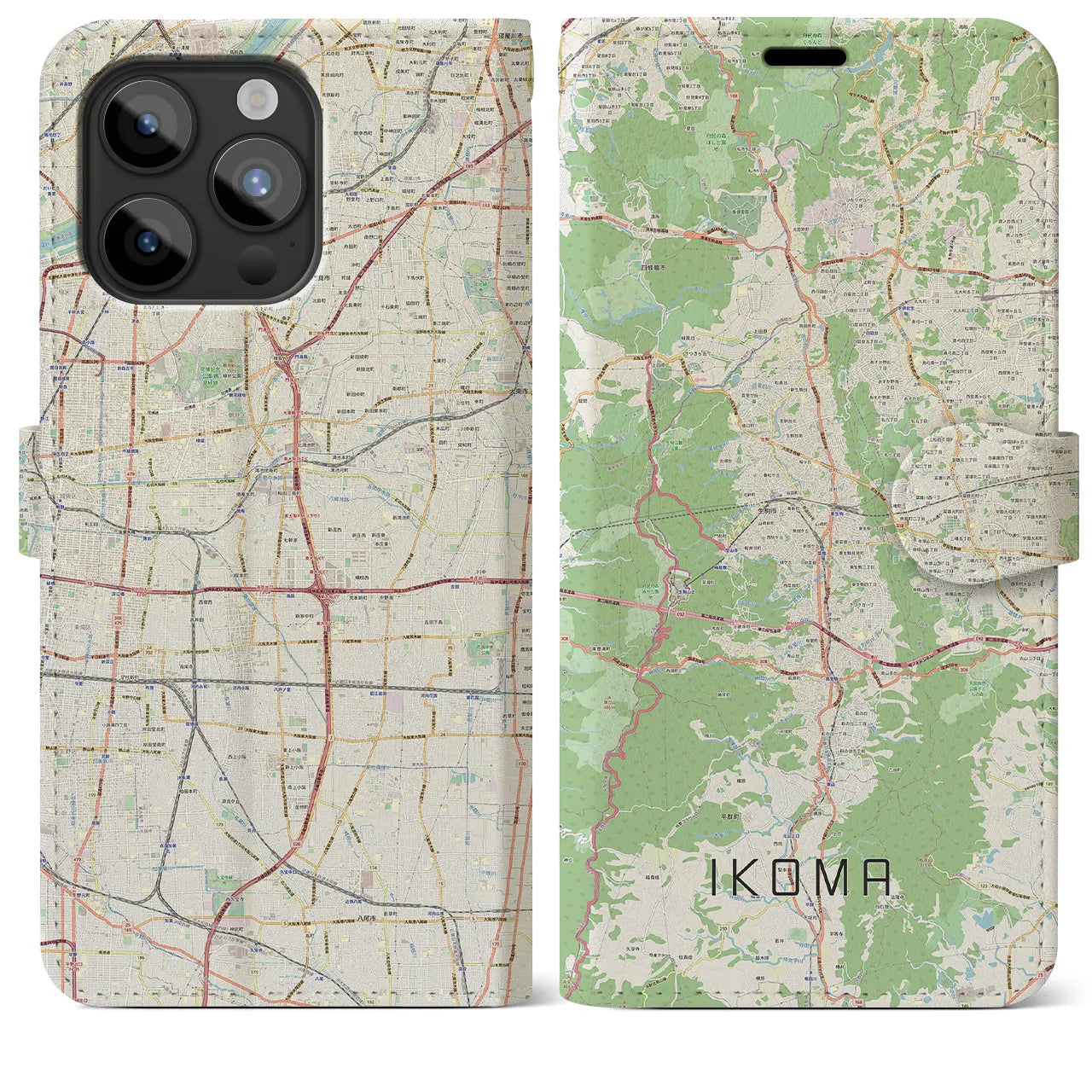 【生駒】地図柄iPhoneケース（手帳両面タイプ・ナチュラル）iPhone 15 Pro Max 用