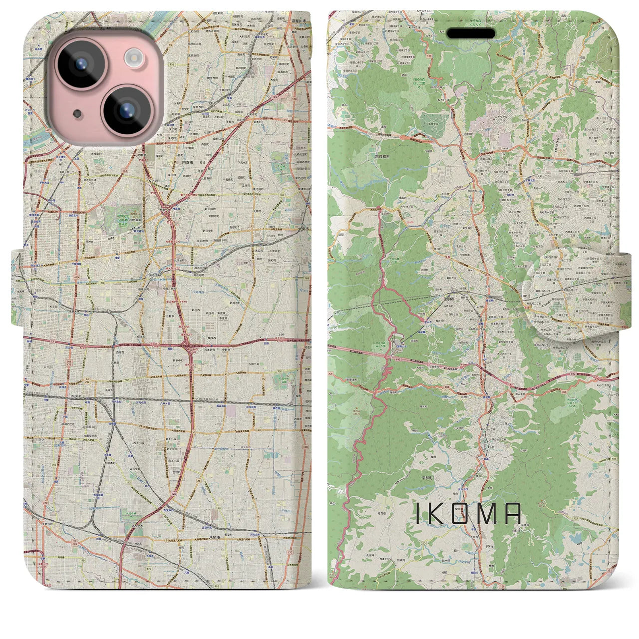 【生駒】地図柄iPhoneケース（手帳両面タイプ・ナチュラル）iPhone 15 Plus 用