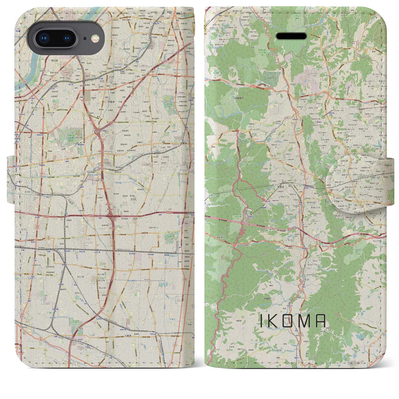 【生駒】地図柄iPhoneケース（手帳両面タイプ・ナチュラル）iPhone 8Plus /7Plus / 6sPlus / 6Plus 用