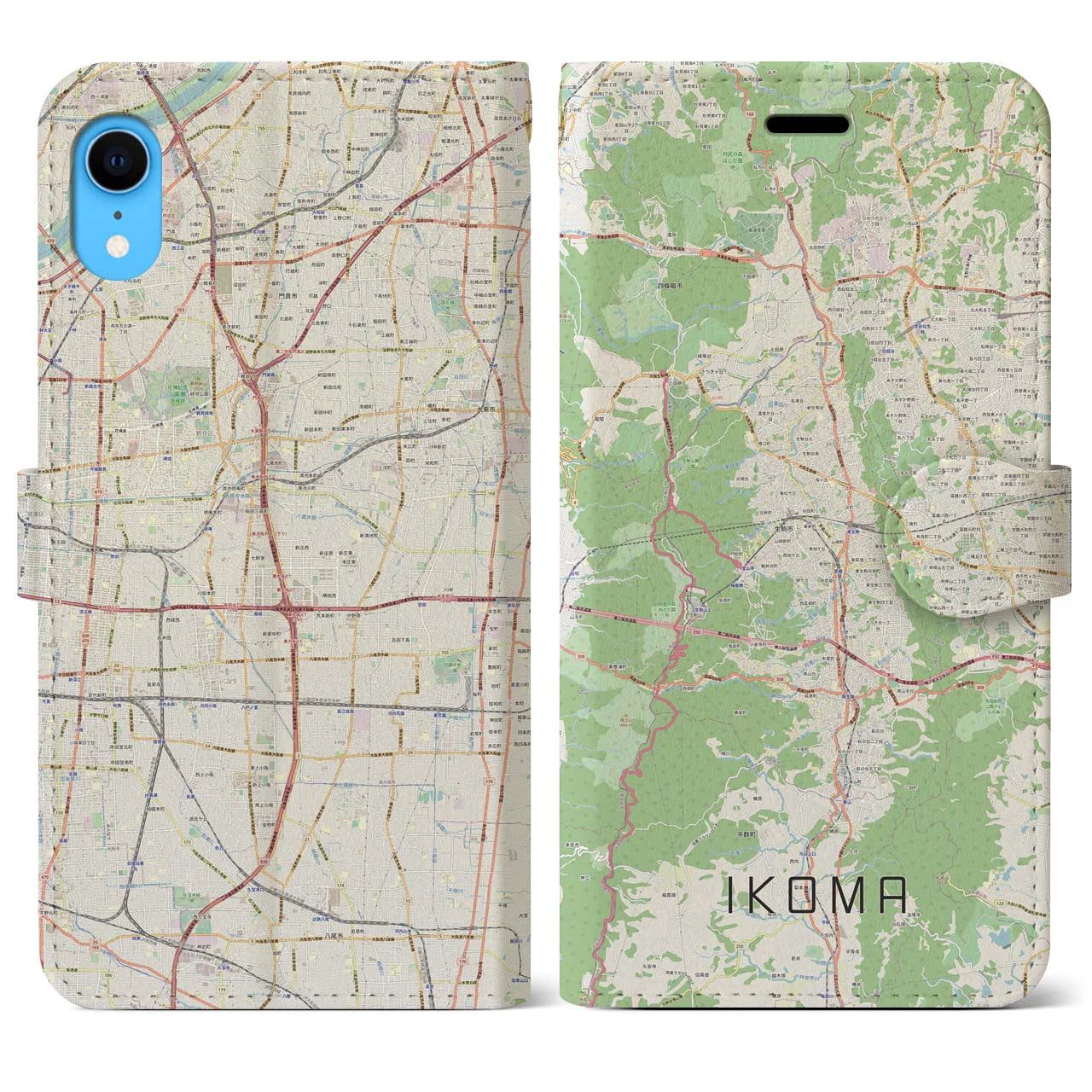 【生駒】地図柄iPhoneケース（手帳両面タイプ・ナチュラル）iPhone XR 用