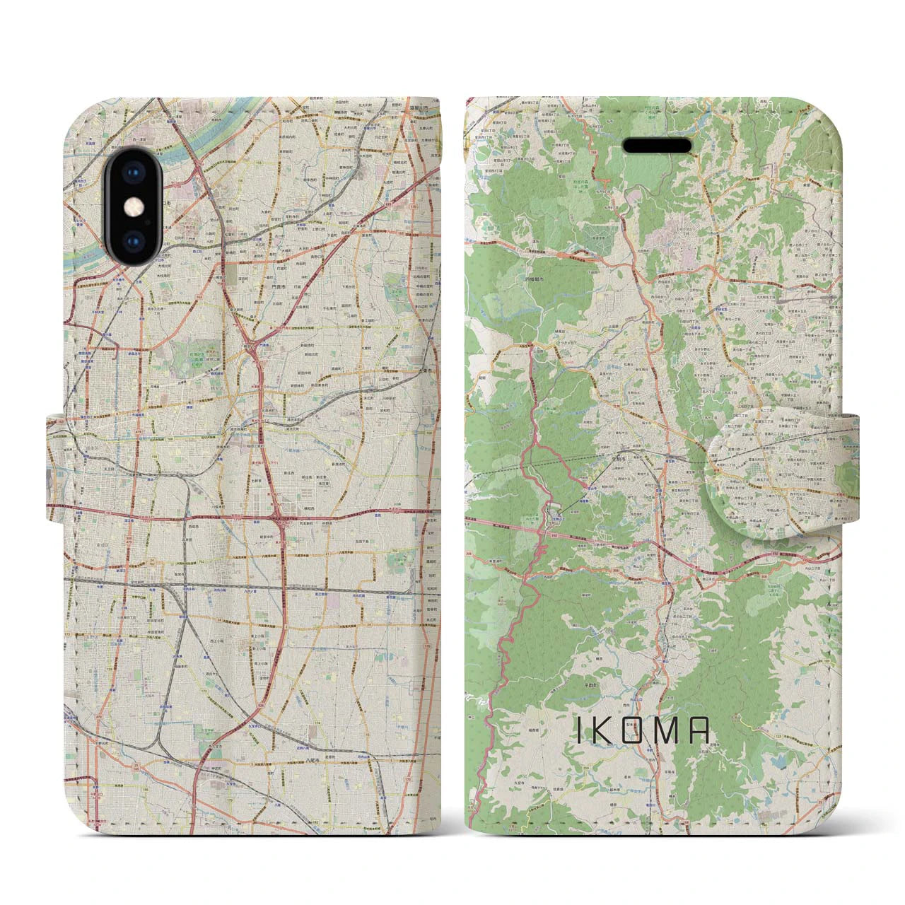 【生駒】地図柄iPhoneケース（手帳両面タイプ・ナチュラル）iPhone XS / X 用