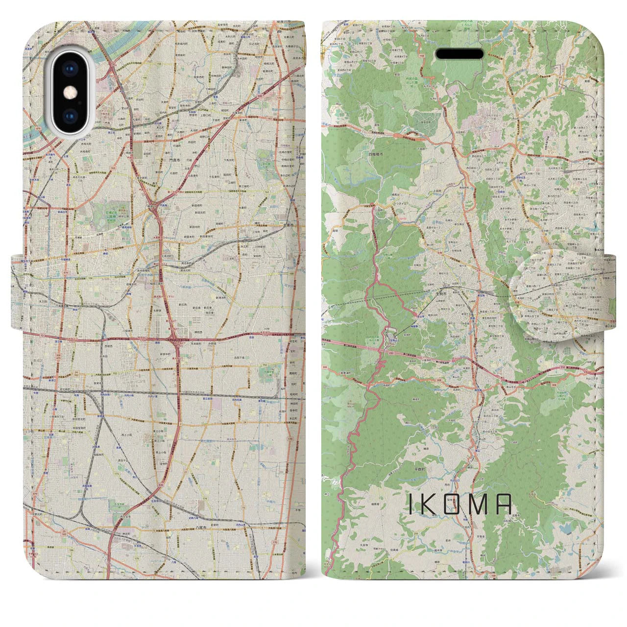 【生駒】地図柄iPhoneケース（手帳両面タイプ・ナチュラル）iPhone XS Max 用