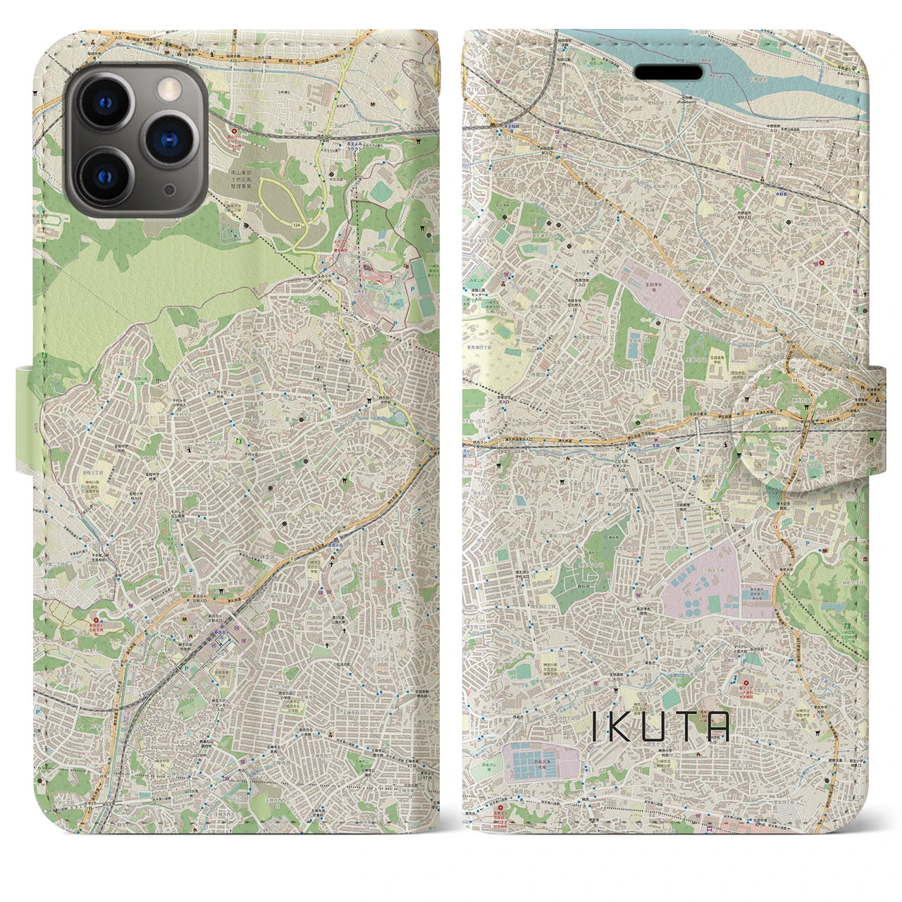 【生田】地図柄iPhoneケース（手帳両面タイプ・ナチュラル）iPhone 11 Pro Max 用