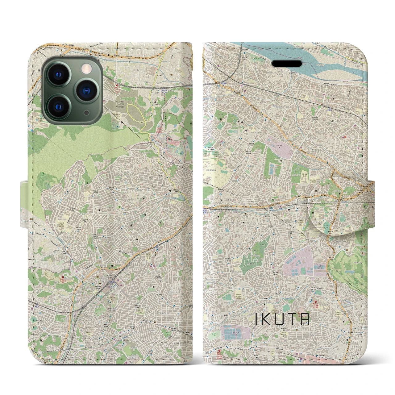 【生田】地図柄iPhoneケース（手帳両面タイプ・ナチュラル）iPhone 11 Pro 用
