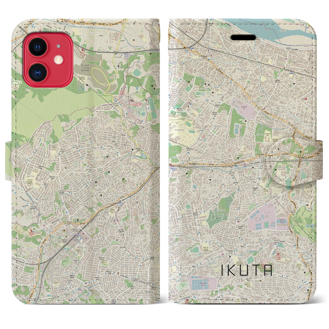 【生田】地図柄iPhoneケース（手帳両面タイプ・ナチュラル）iPhone 11 用