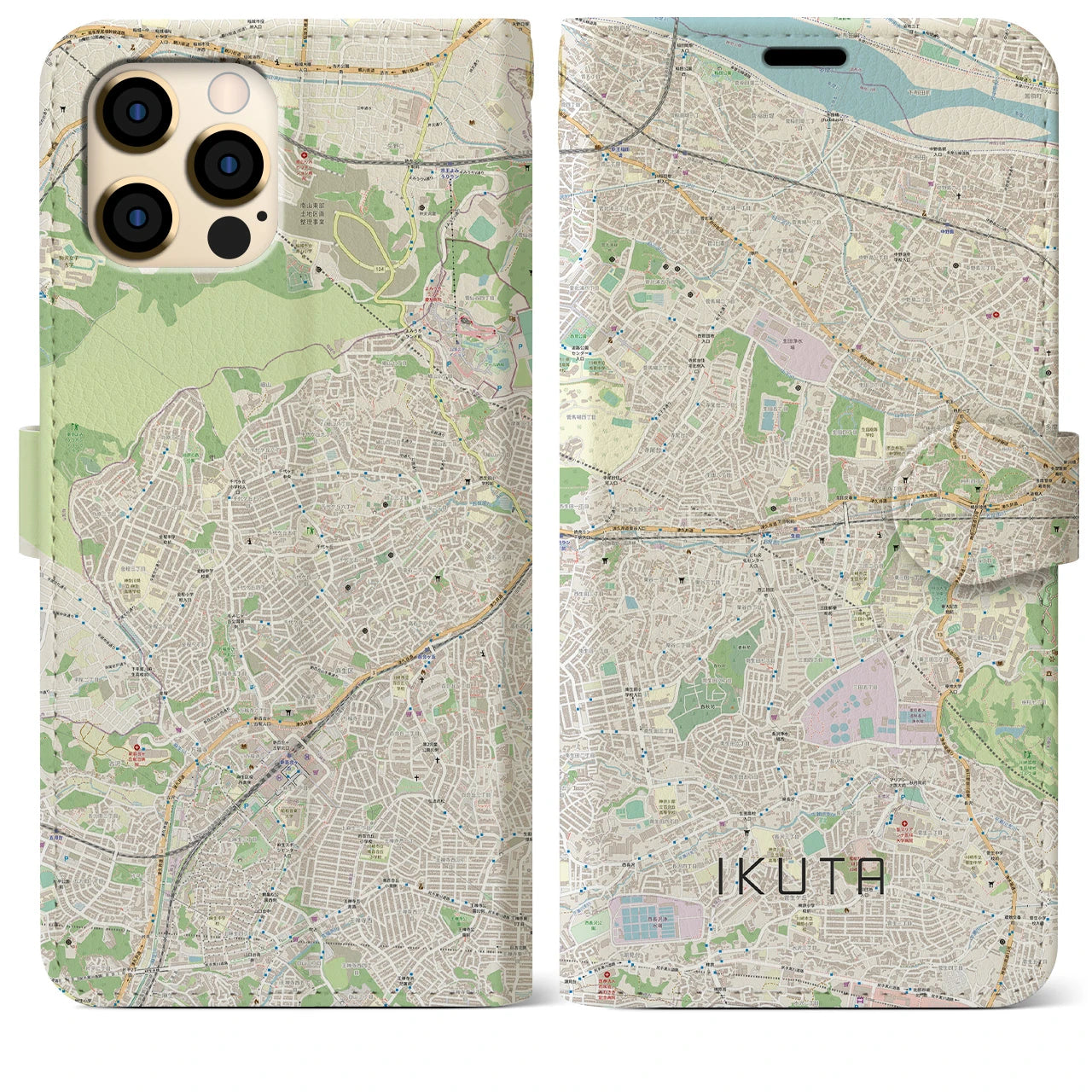 【生田】地図柄iPhoneケース（手帳両面タイプ・ナチュラル）iPhone 12 Pro Max 用