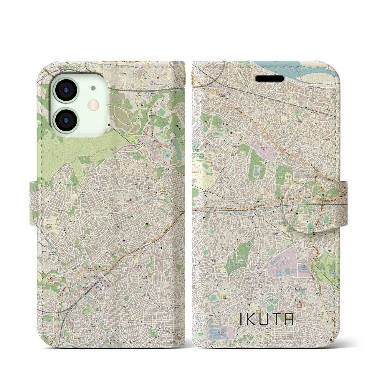【生田】地図柄iPhoneケース（手帳両面タイプ・ナチュラル）iPhone 12 mini 用
