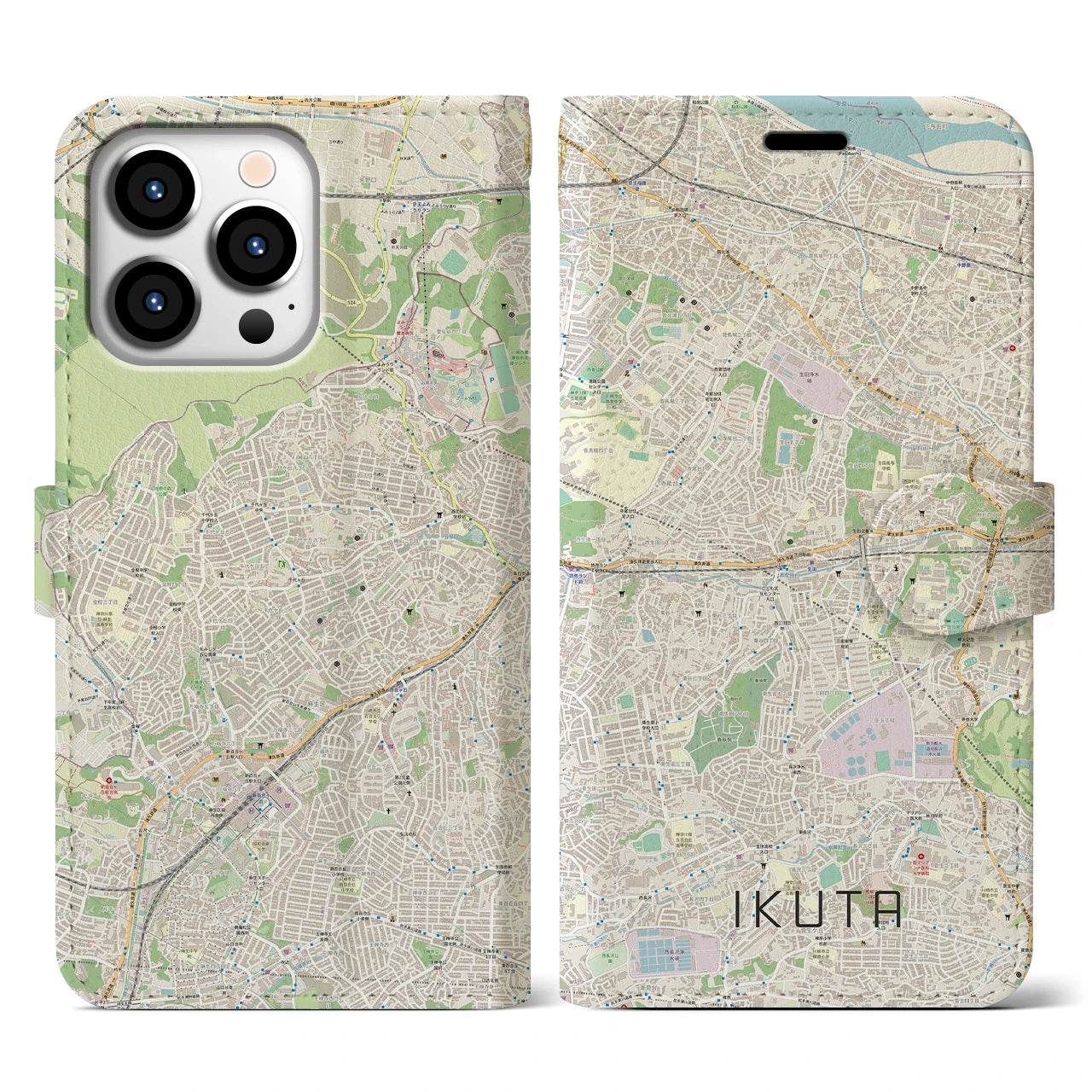 【生田】地図柄iPhoneケース（手帳両面タイプ・ナチュラル）iPhone 13 Pro 用