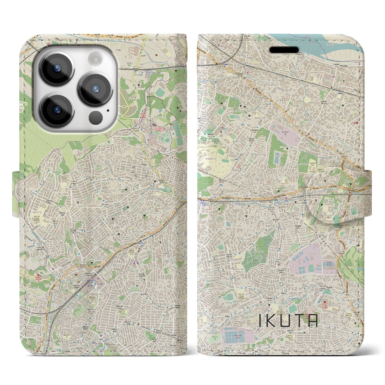 【生田】地図柄iPhoneケース（手帳両面タイプ・ナチュラル）iPhone 14 Pro 用