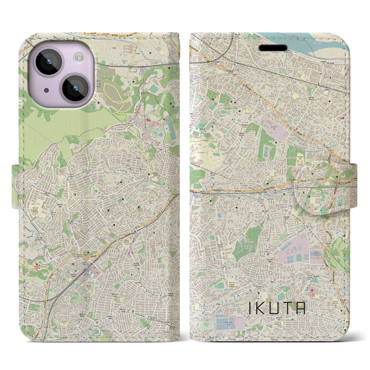 【生田】地図柄iPhoneケース（手帳両面タイプ・ナチュラル）iPhone 14 用