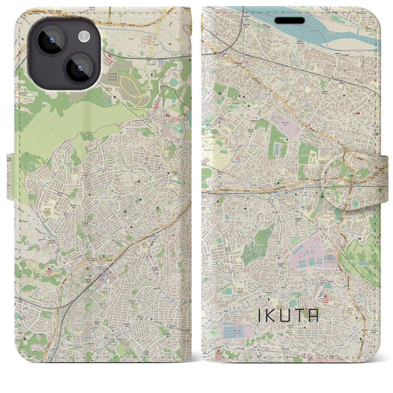 【生田】地図柄iPhoneケース（手帳両面タイプ・ナチュラル）iPhone 14 Plus 用