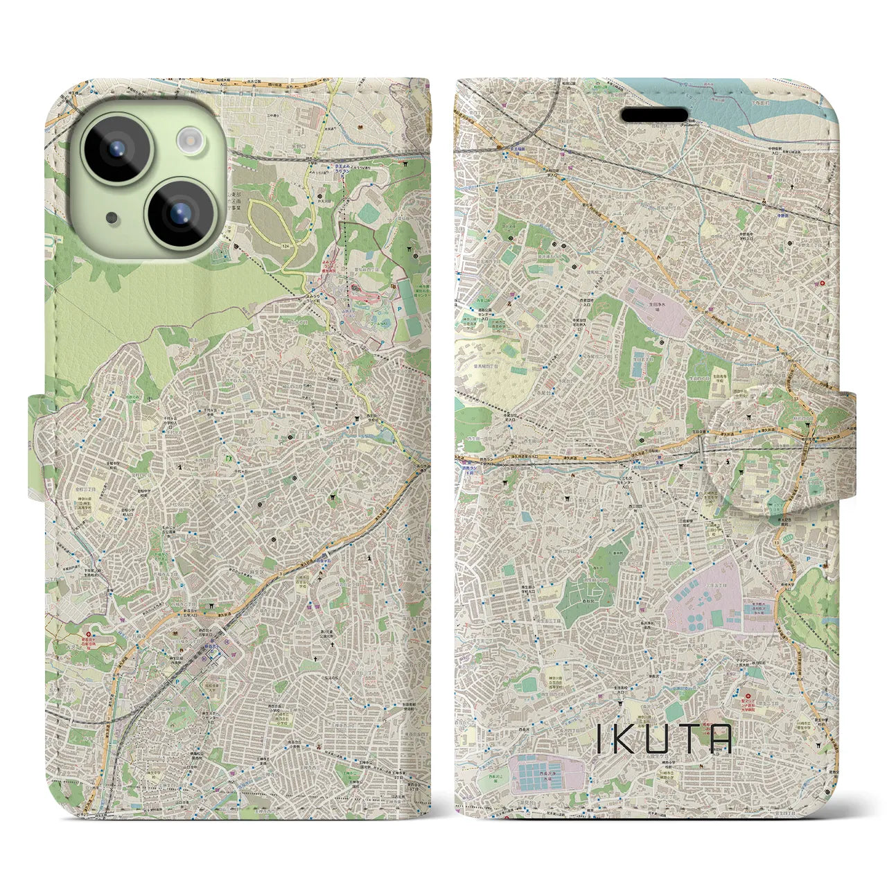 【生田】地図柄iPhoneケース（手帳両面タイプ・ナチュラル）iPhone 15 用