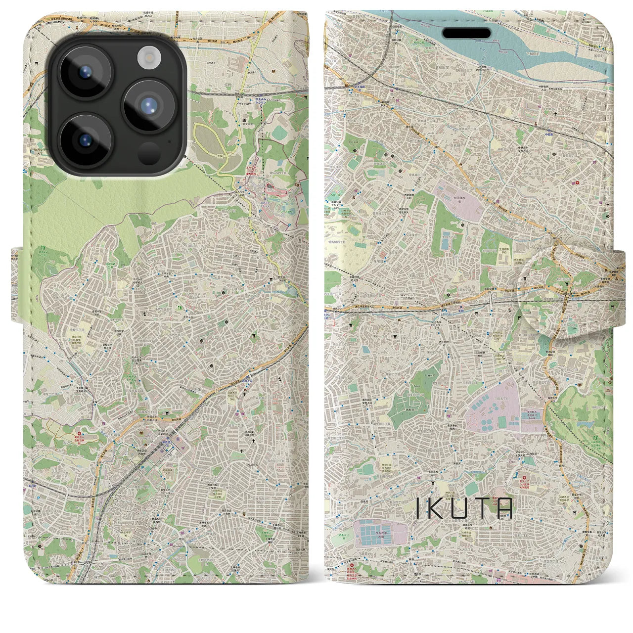 【生田】地図柄iPhoneケース（手帳両面タイプ・ナチュラル）iPhone 15 Pro Max 用
