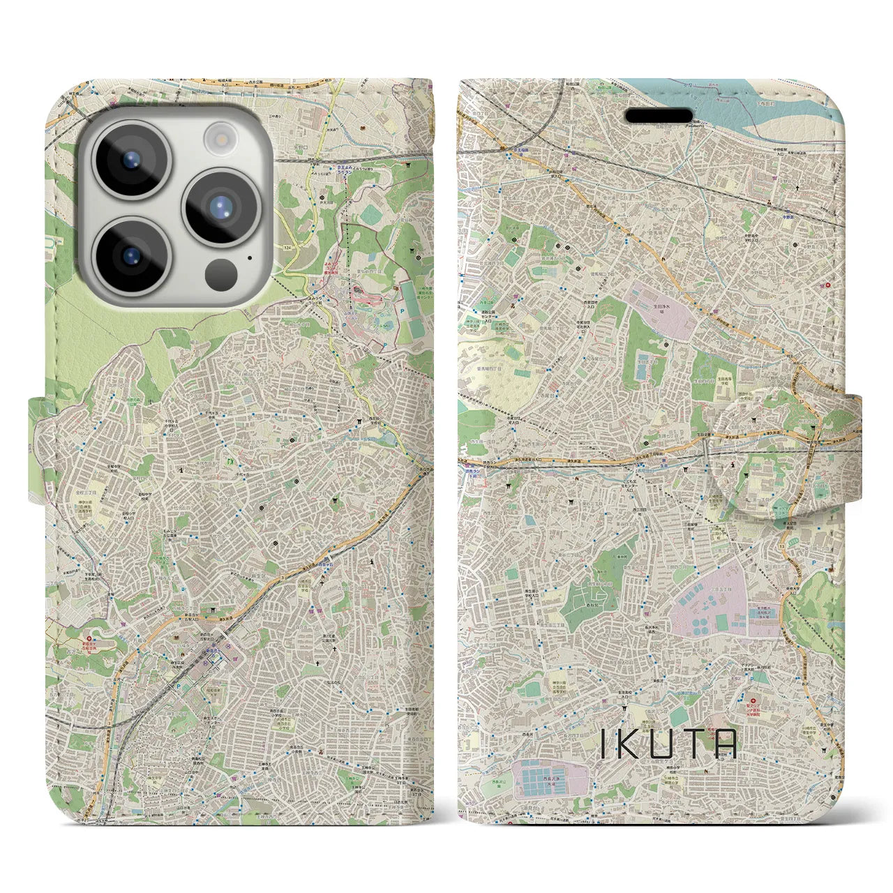 【生田】地図柄iPhoneケース（手帳両面タイプ・ナチュラル）iPhone 15 Pro 用