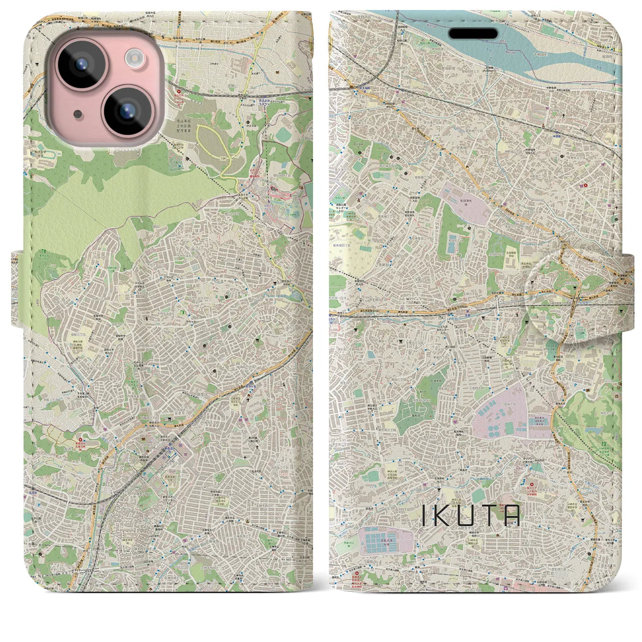 【生田】地図柄iPhoneケース（手帳両面タイプ・ナチュラル）iPhone 15 Plus 用