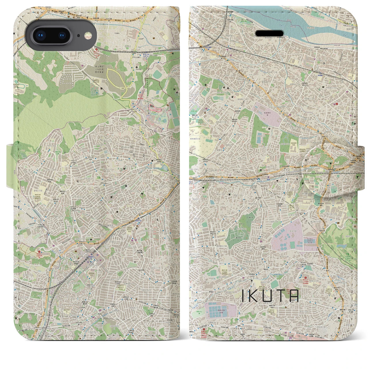 【生田】地図柄iPhoneケース（手帳両面タイプ・ナチュラル）iPhone 8Plus /7Plus / 6sPlus / 6Plus 用