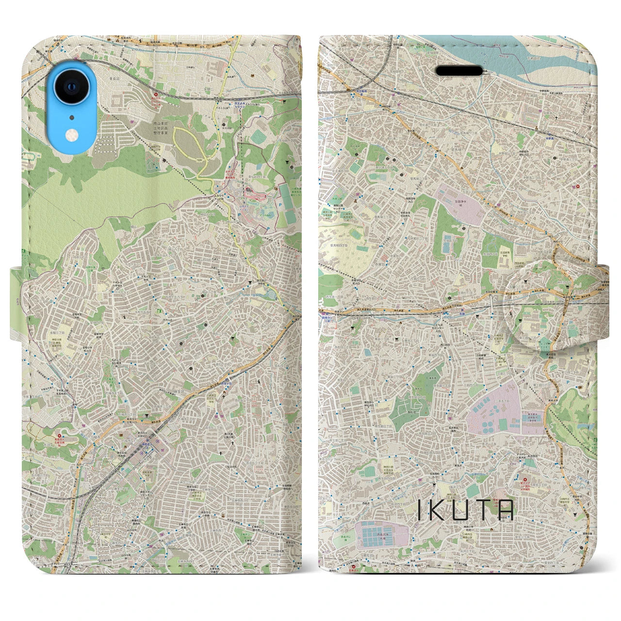 【生田】地図柄iPhoneケース（手帳両面タイプ・ナチュラル）iPhone XR 用