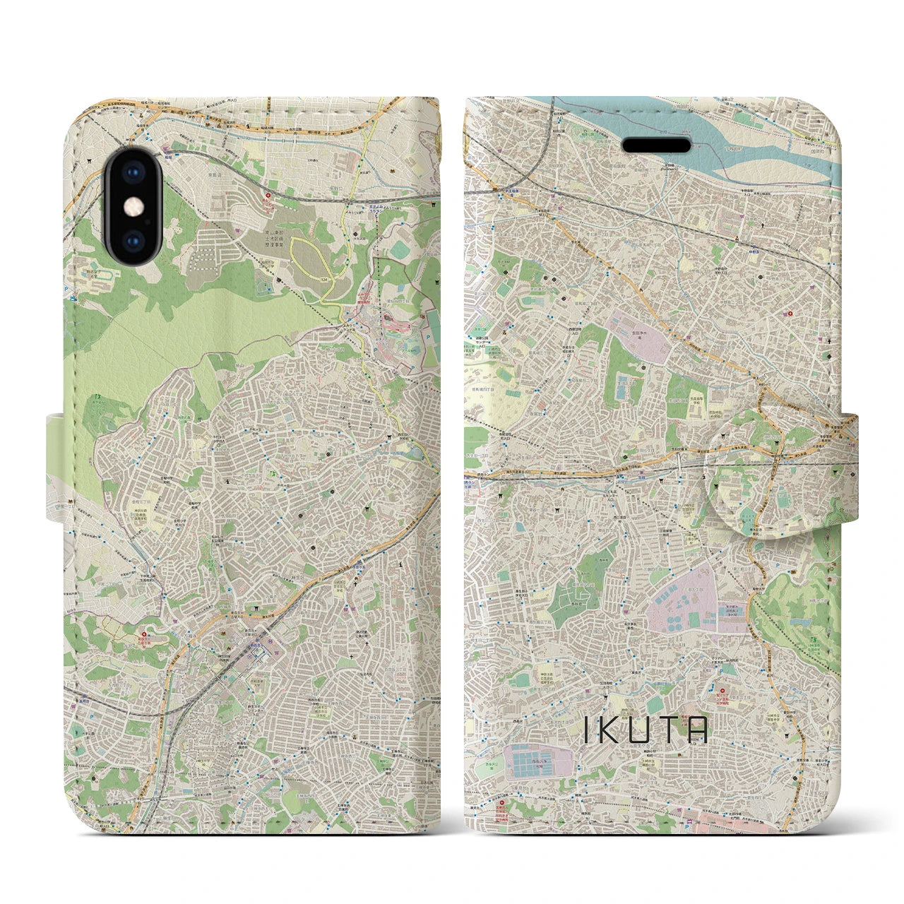【生田】地図柄iPhoneケース（手帳両面タイプ・ナチュラル）iPhone XS / X 用