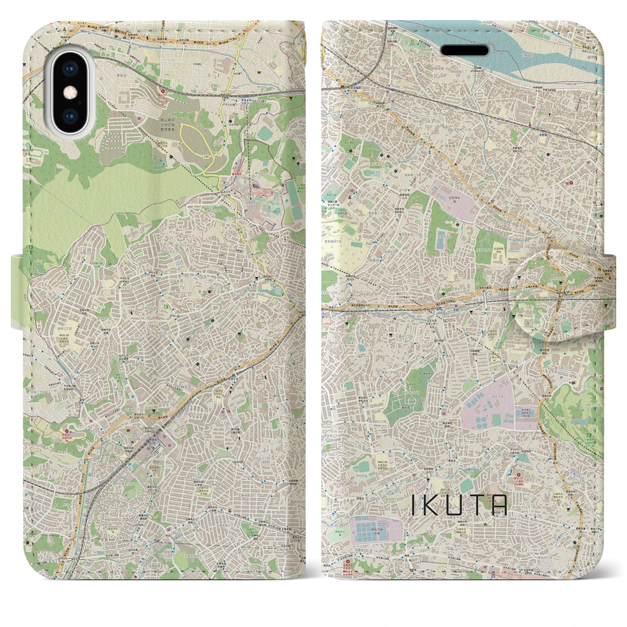 【生田】地図柄iPhoneケース（手帳両面タイプ・ナチュラル）iPhone XS Max 用