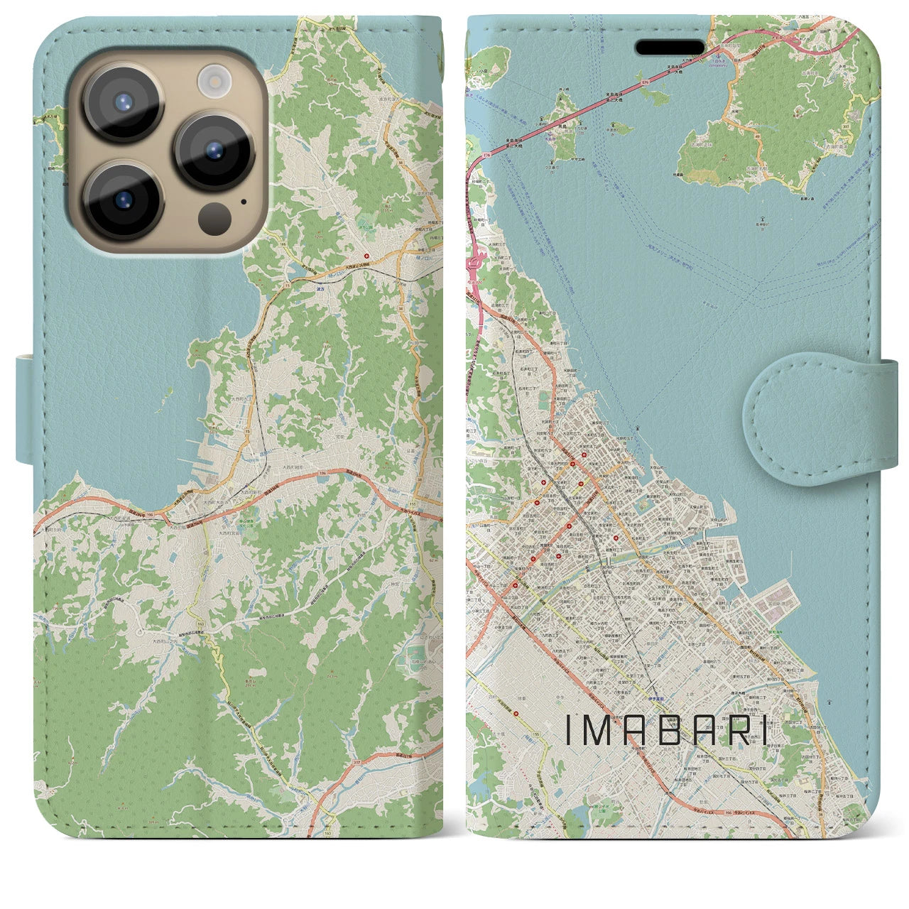 【今治】地図柄iPhoneケース（手帳両面タイプ・ナチュラル）iPhone 14 Pro Max 用