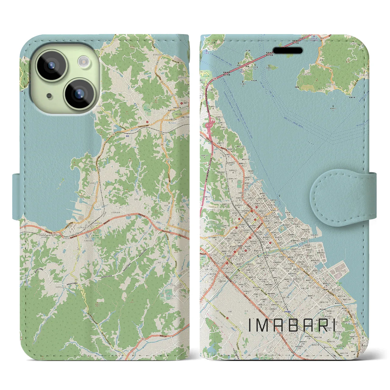【今治】地図柄iPhoneケース（手帳両面タイプ・ナチュラル）iPhone 15 用