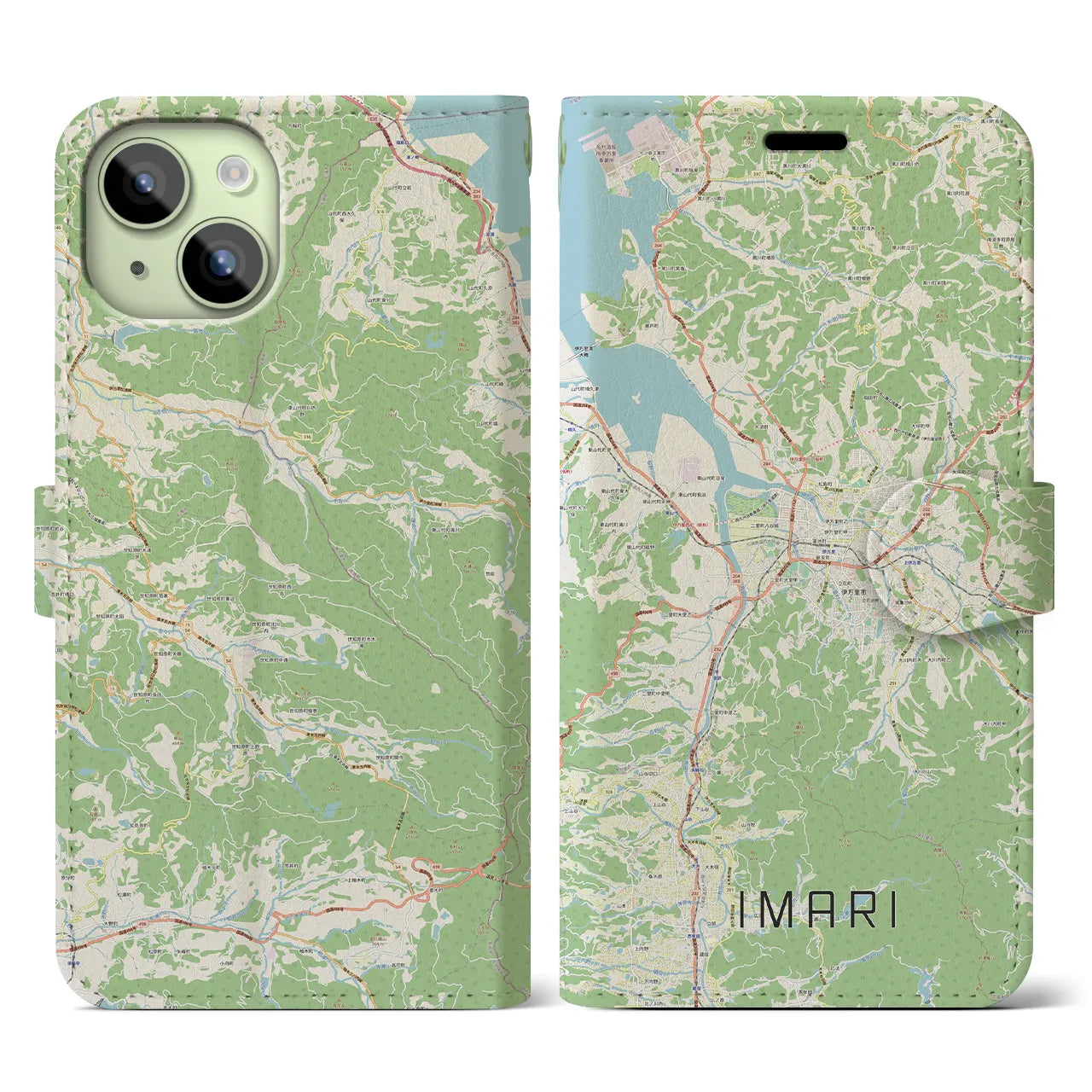 【伊万里】地図柄iPhoneケース（手帳両面タイプ・ナチュラル）iPhone 15 用